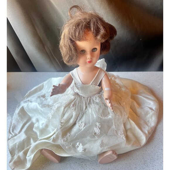 Vintage Effanbee Walker Doll With Moving  Eyes In Lace & Satin Ivory Dress Petti - Picture 1 of 15